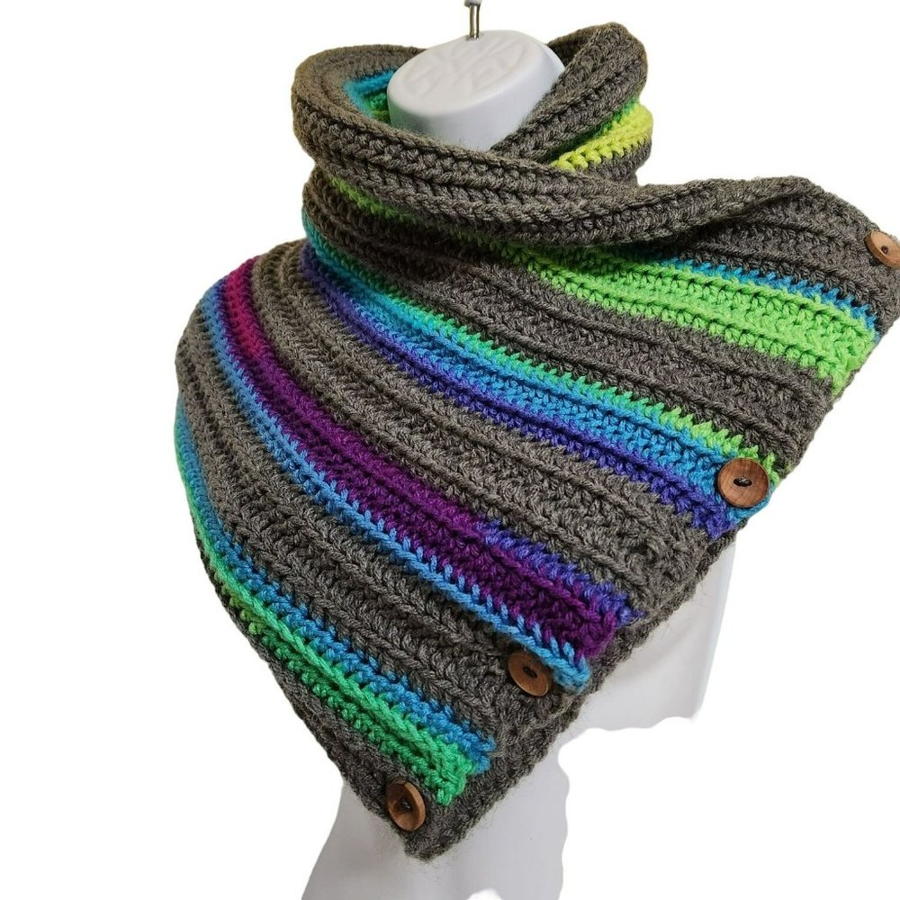 Washable long wide shawl scarf multicolor rainbow handknit wood buttons